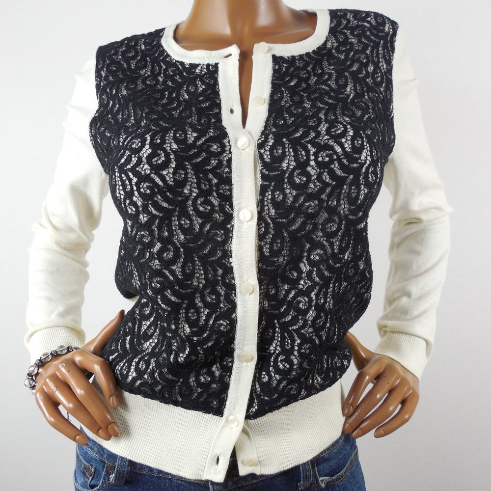 ANN TAYLOR Top M Knit Cardigan Button Down Front Ivory Black Embroidery Lace - Picture 3 of 12